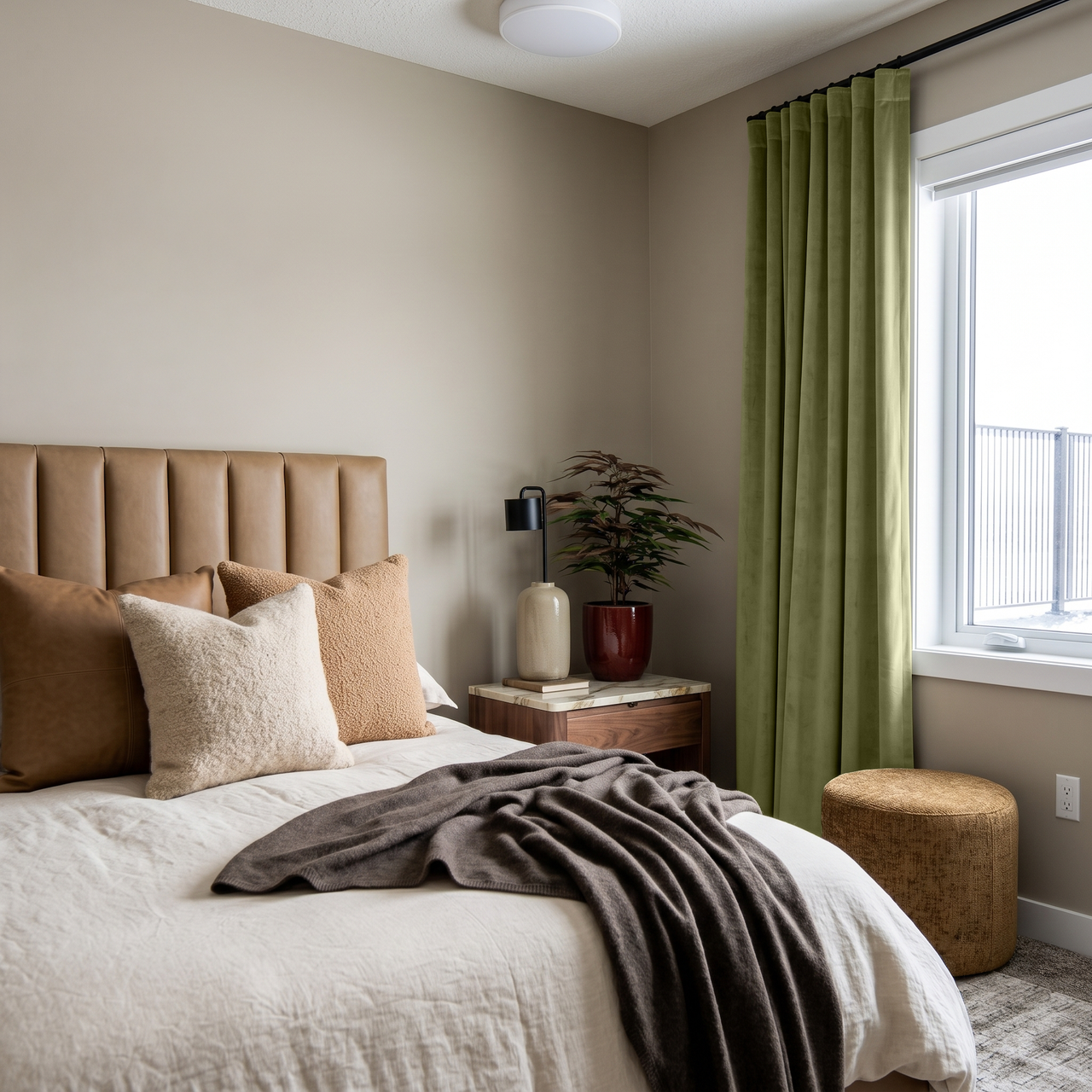 Olive Green Velvet S-Fold Curtains in a Cozy Bedroom with Taupe Walls