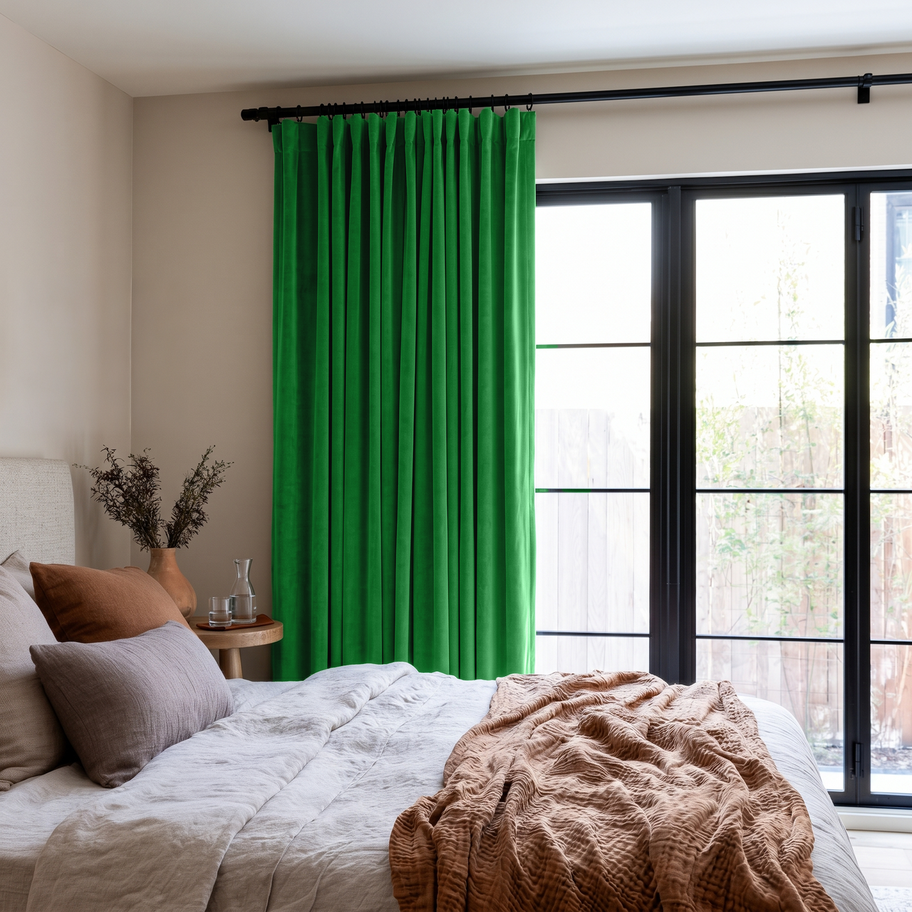 Lime Green Velvet S-Fold Curtains in a Modern Bedroom with White Bedding and a Rust Throw
