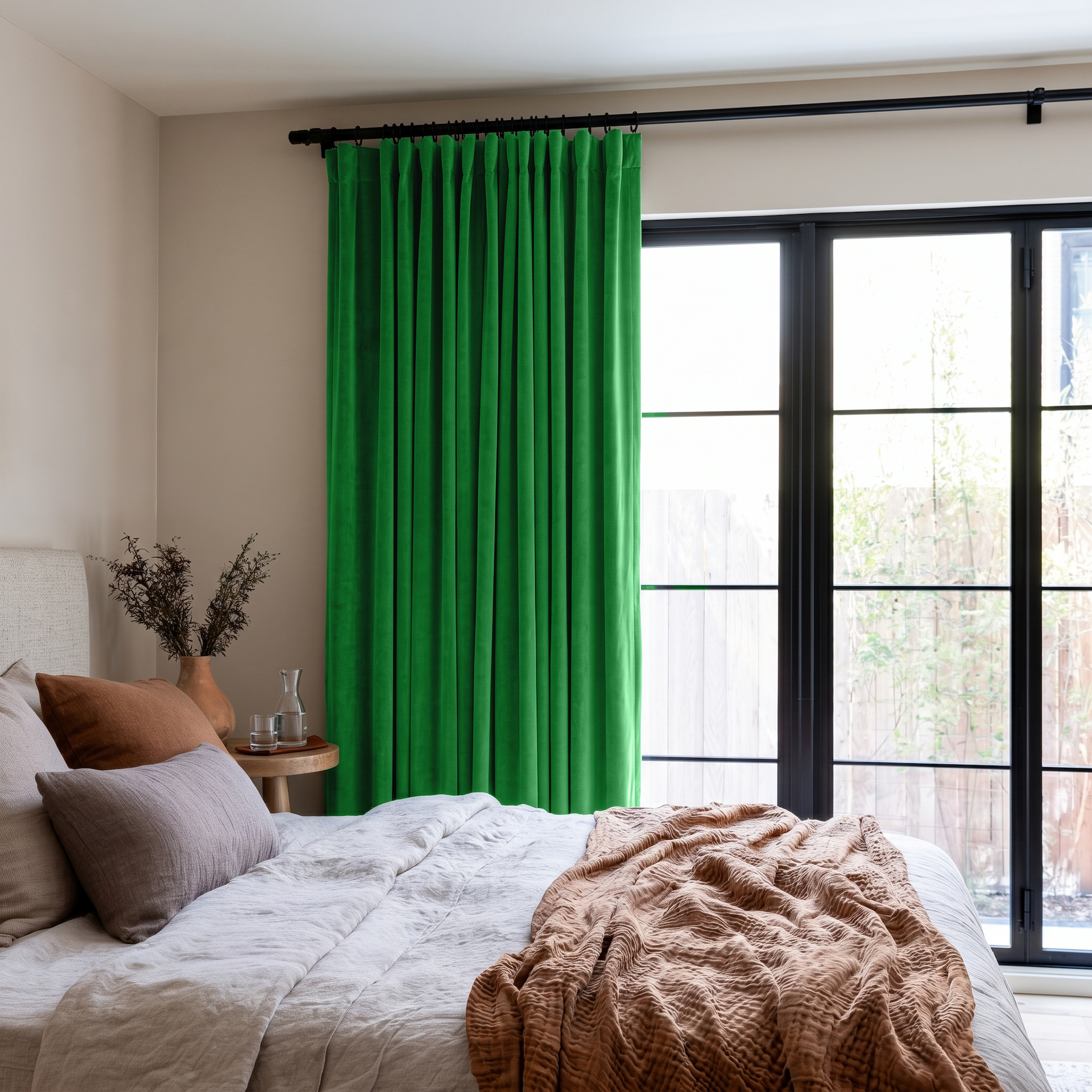 Lime Green Velvet S-Fold Curtains in a Modern Bedroom with White Bedding and a Rust Throw