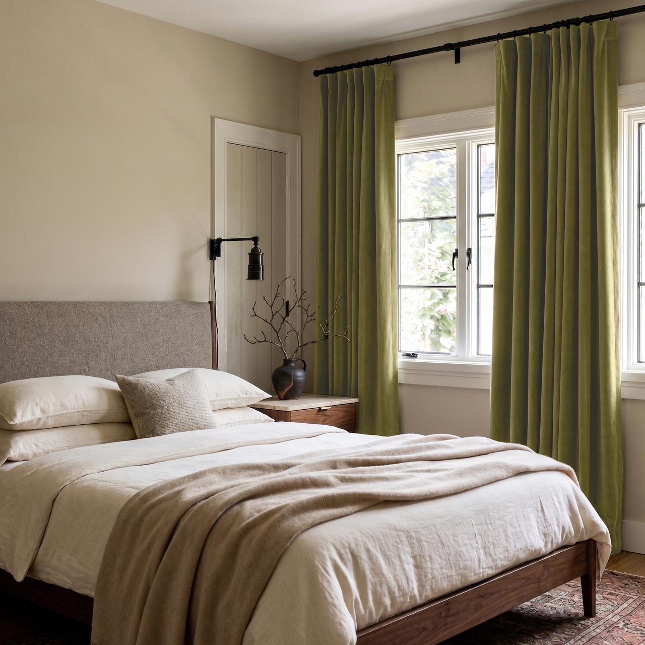 Moss Green Velvet S-Fold Curtains in a Minimal Bedroom with Cream Walls and White Bedding