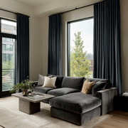Steel Black Velvet S-Fold Curtains in a Contemporary Living Room with a Charcoal Sectional