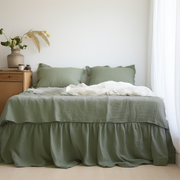 Sage Green Linen Bed Skirt Valance with Gathered Ruffles