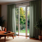 Sage Green Linen Back Tab Curtains for Bifold Doors in a Living Room with Beige Walls