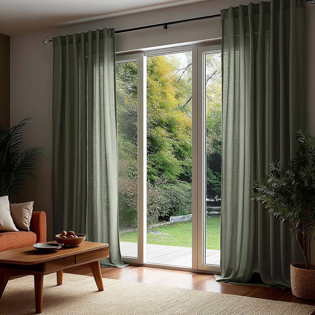 Sage Green Linen Back Tab Curtains for Bifold Doors in a Living Room with Beige Walls