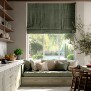 Sage Green Linen Roman Blinds in a Bright Transitional Kitchen with a Window Seat - Blackout Lining