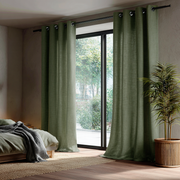 Sage Green Linen Eyelet Curtains for Bifold Doors in a Bedroom with Grey Walls - Cotton Lining