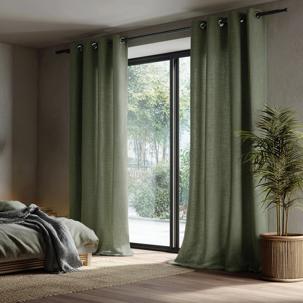 Sage Green Linen Eyelet Curtains for Bifold Doors in a Bedroom with Grey Walls - Cotton Lining