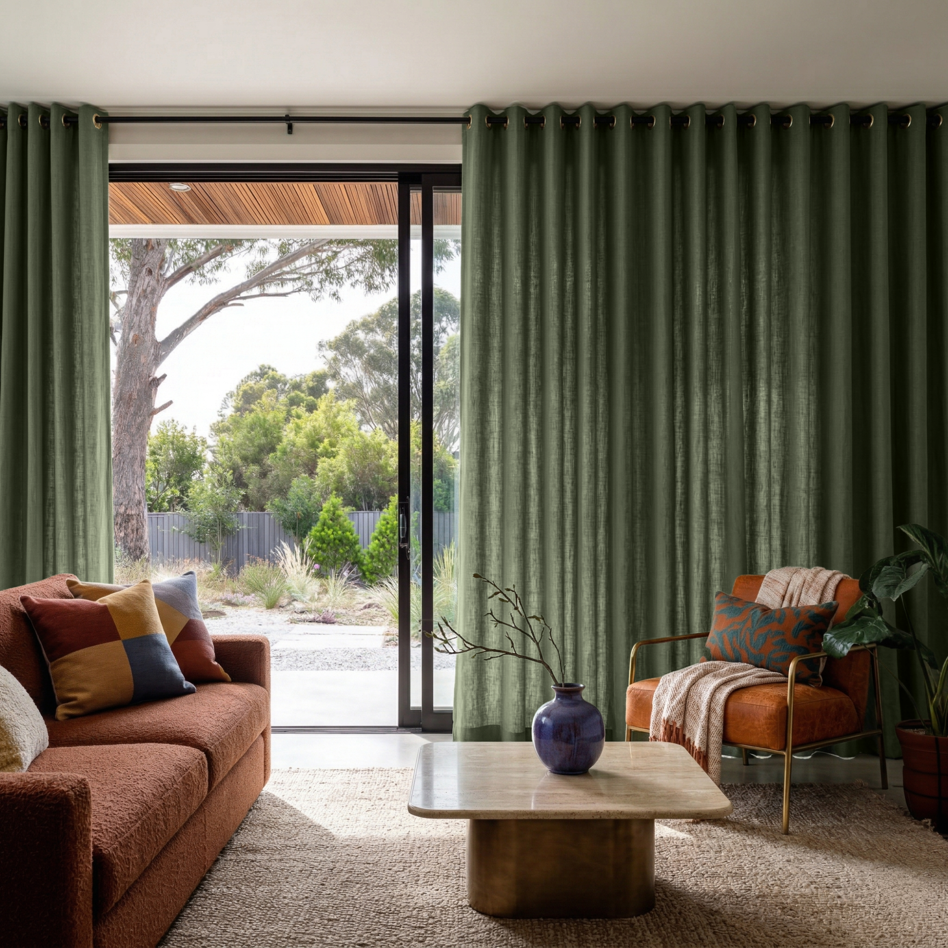 Sage Green Linen Eyelet Extra Wide Curtains for Sliding Door in a Cozy Living Room with Rust Sofa and Brass Accents - Cotton Lining