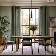 Sage Green Linen Eyelet Curtains in a Transitional Dining Room with Walnut Furniture and Fireplace