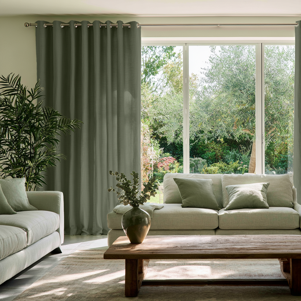 Sage Green Linen Eyelets Extra Long Curtains in a Contemporary Living Room with Large Windows
