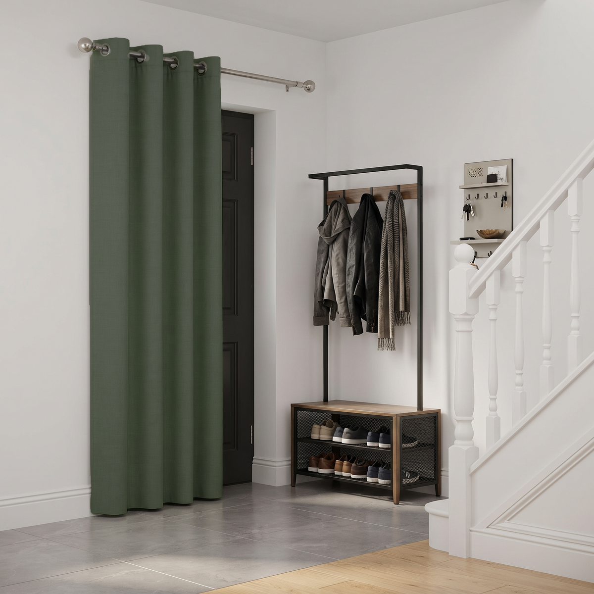 Sage Green Thermal Door Curtain with Eyelets in a Hallway with Light Gray Walls and a Shoe Bench