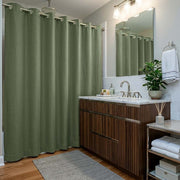 Sage Green Linen Hookless Shower Curtain in a Contemporary Bathroom with Soft Grey Walls and Walnut Vanity