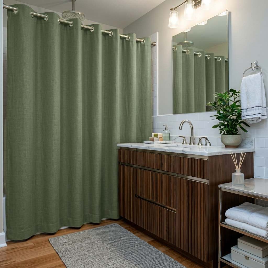 Sage Green Linen Hookless Shower Curtain in a Contemporary Bathroom with Soft Grey Walls and Walnut Vanity