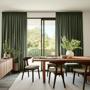Sage Green Linen Pencil Pleat Curtains for Bifold Doors in a Dining Room with White Walls - Cotton Lining