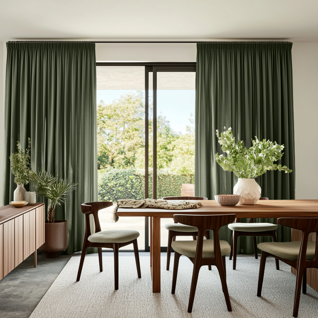 Sage Green Linen Pencil Pleat Curtains for Bifold Doors in a Dining Room with White Walls - Cotton Lining