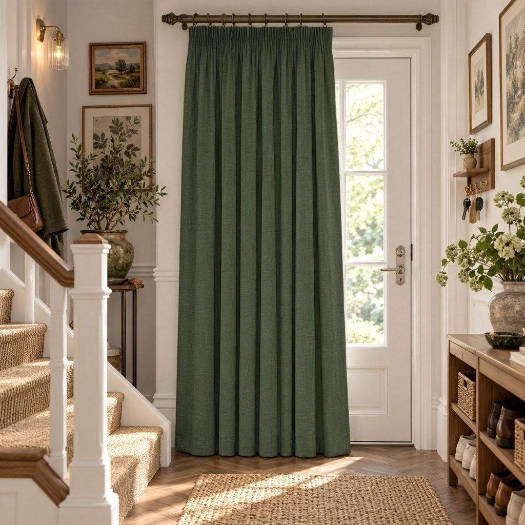Sage Green Thermal Door Curtain with Pinch Pleat in a Hallway with Crisp White Walls and a Wood Staircase