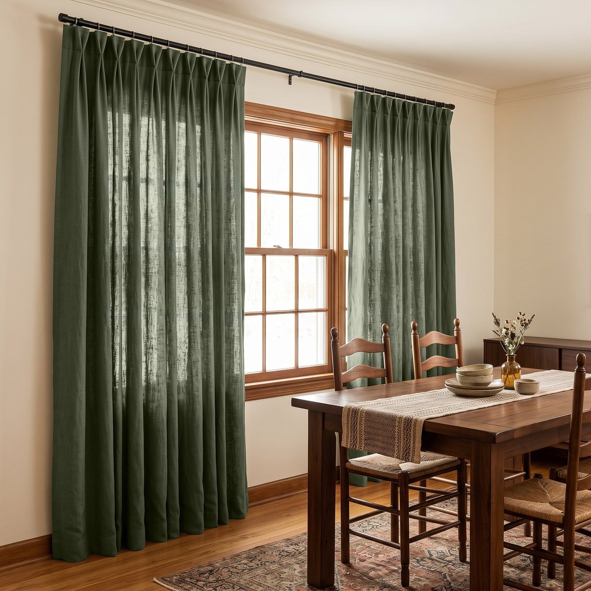 Sage Green Linen Pinch Pleat Curtains in a Traditional Dining Room with Dark Wood Furniture and Vintage Area Rug