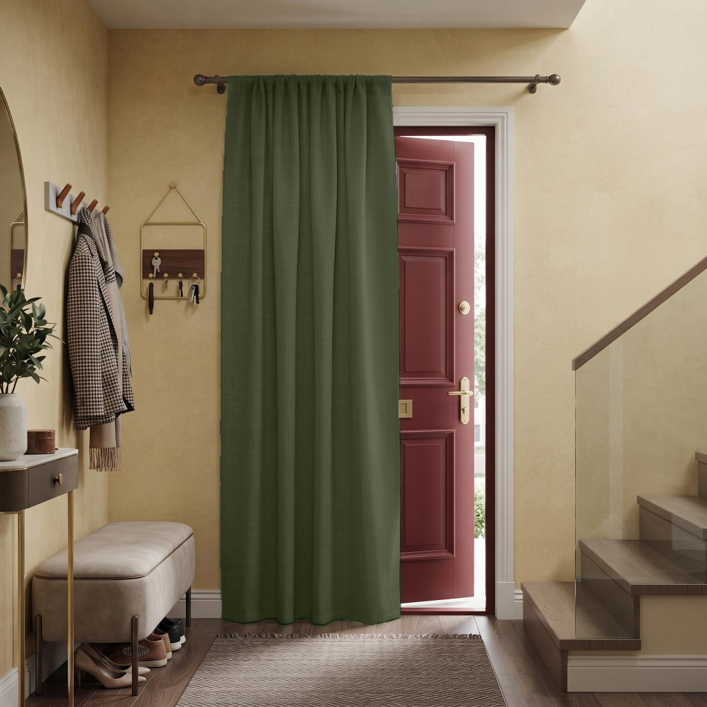 Sage Green Thermal Door Curtain in a Hallway with Warm Beige Walls and a Dark Red Front Door