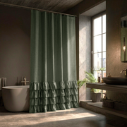 Sage Green Linen Ruffle Shower Curtain in a Dark Modern Bathroom with Deep Charcoal Walls and Concrete Accents