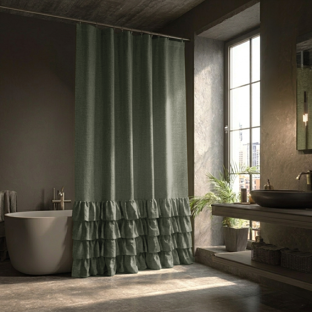 Sage Green Linen Ruffle Shower Curtain in a Dark Modern Bathroom with Deep Charcoal Walls and Concrete Accents
