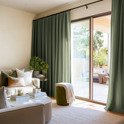 Sage Green Linen S-Fold Curtains for Bifold Doors in a Living Room with Cream Walls