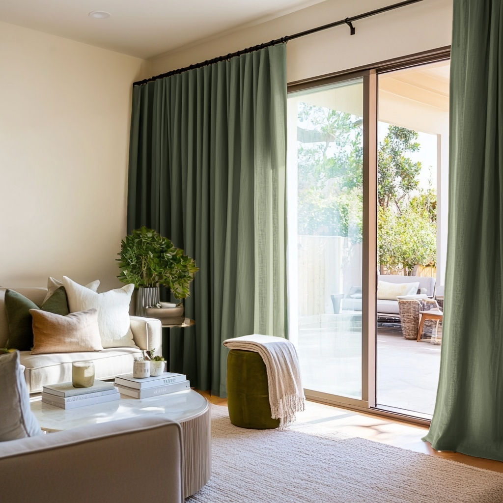 Sage Green Linen S-Fold Curtains for Bifold Doors in a Living Room with Cream Walls