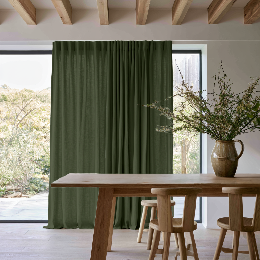 Sage Green Linen S-Fold Curtains in a Modern Rustic Dining Room with Exposed Wood Beams and Minimalist Oak Furniture