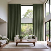 Sage Green Linen S-Fold Extra Long Curtains in a Modern Living Room with High Ceiling and Wooden Coffee Table