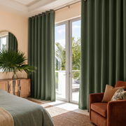 Sage Green Linen Eyelet Bedroom Curtains in a Warm Airy Bedroom with Light Sage Bedding and Rust Accents - Blackout Lining