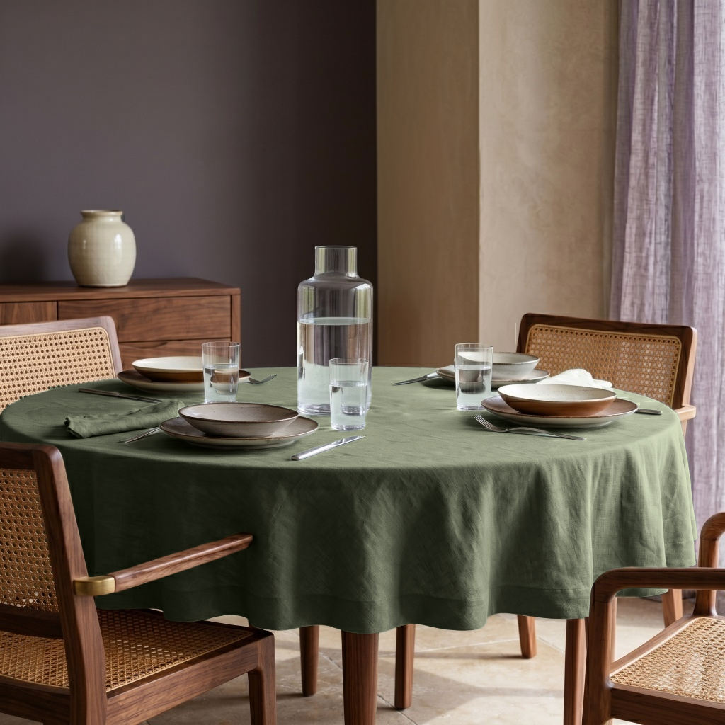 Sage Green Linen Round Tablecloth in a Moody Dining Room with Deep Plum Walls and Warm Neutral Accents