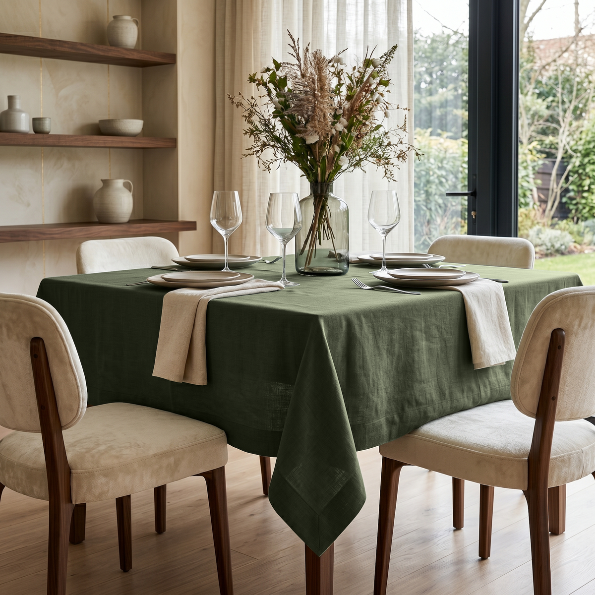 Sage Green Square Linen Tablecloth in a Contemporary Dining Room with Cream Upholstered Chairs