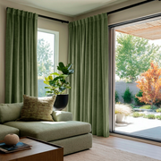 Sage Green Velvet Back Tab Blackout Curtains for Sliding Doors in a Living Room with Beige Walls