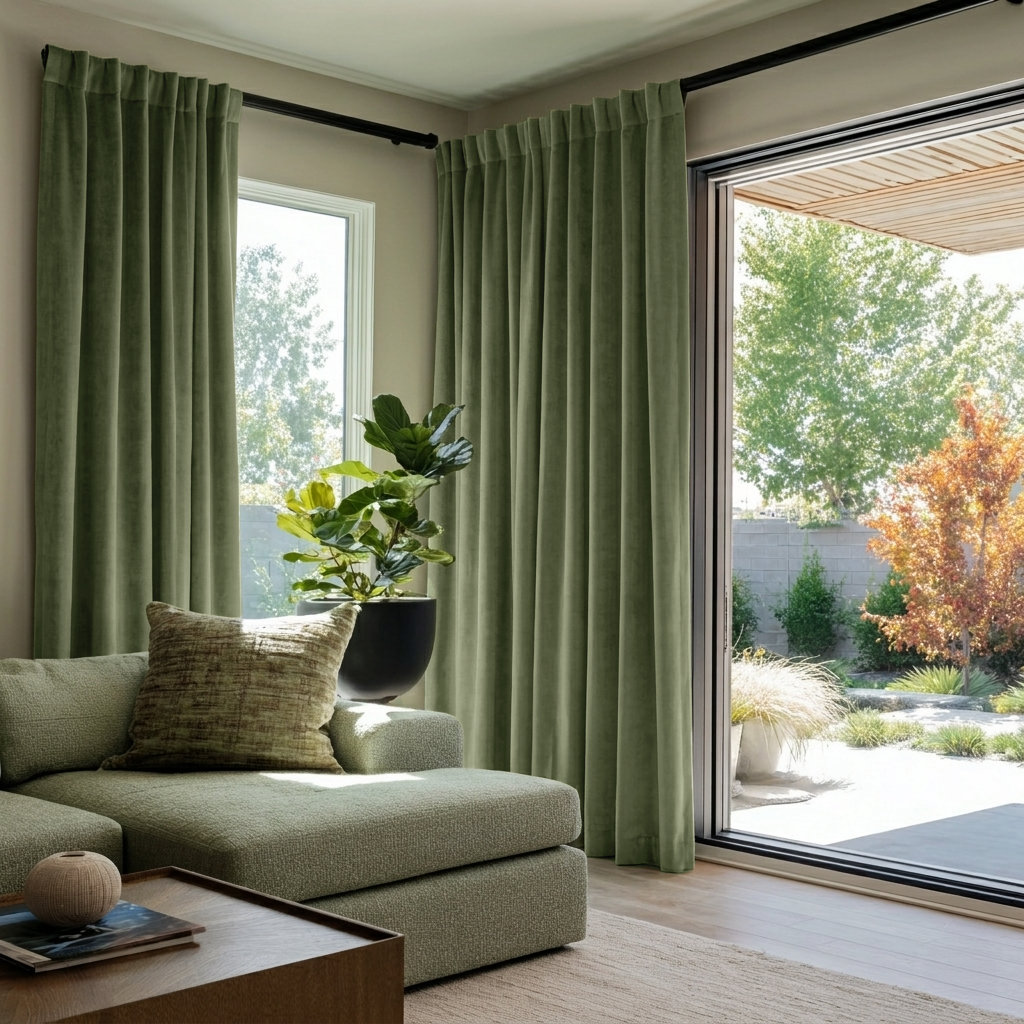 Sage Green Velvet Back Tab Blackout Curtains for Sliding Doors in a Living Room with Beige Walls