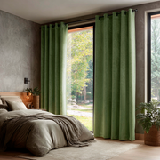 Sage Green Velvet Eyelet Blackout Curtains for Sliding Doors in a Bedroom with Grey Walls