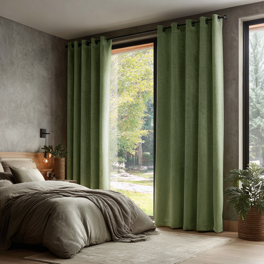 Sage Green Velvet Eyelet Blackout Curtains for Sliding Doors in a Bedroom with Grey Walls