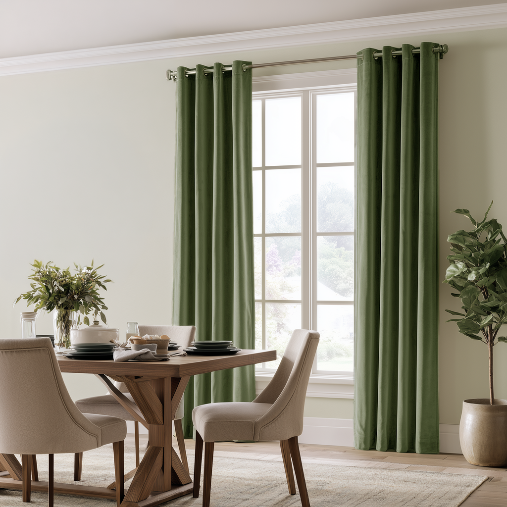 A pair of sage green grommet-top curtains hanging on a rod over a tall window in a bright dining room with a wooden table and chairs.