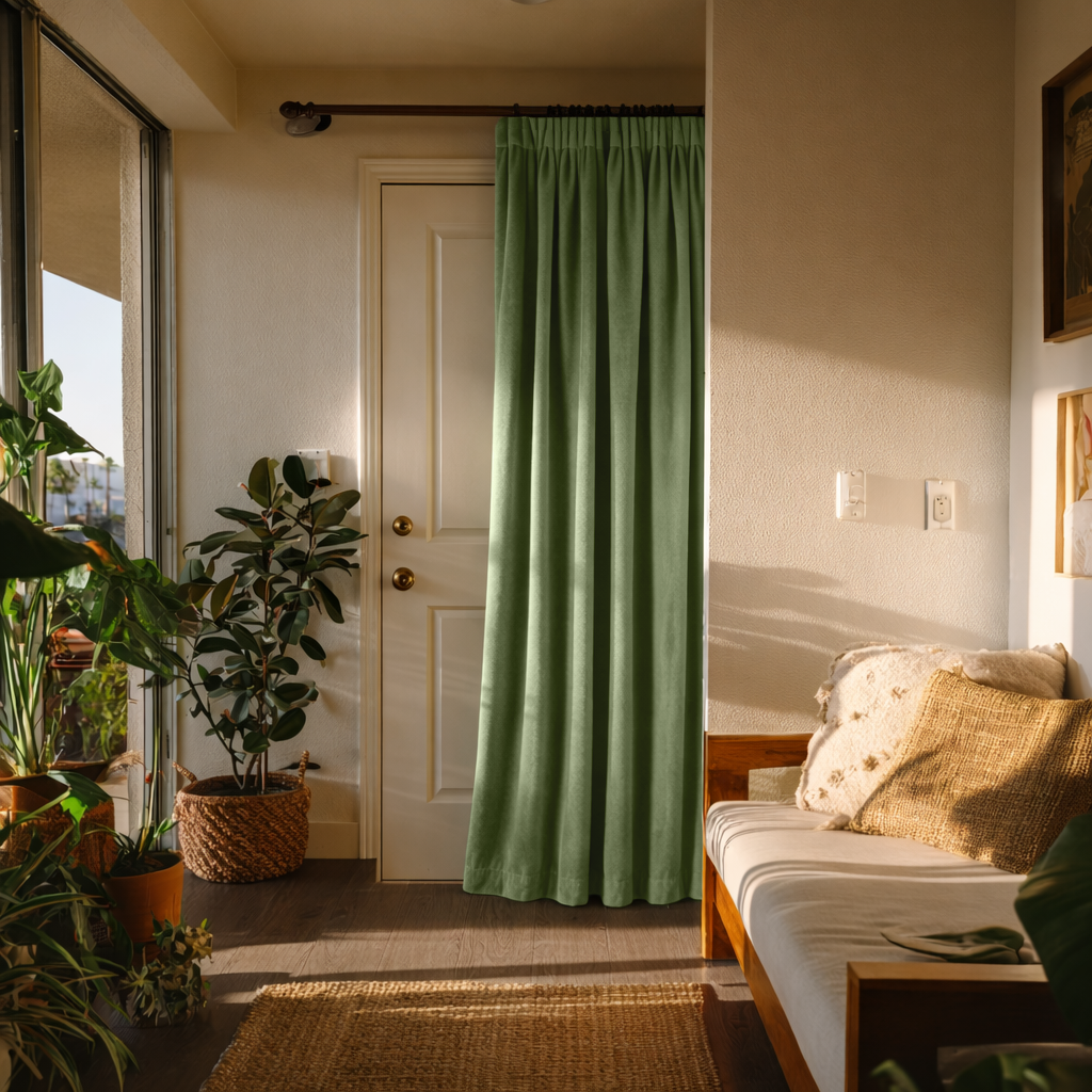 Sage Green Pencil Pleat Velvet Thermal Insulated Door Curtain