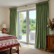 Sage Green Velvet Pinch Pleat Blackout Curtains for Sliding Doors in a Bedroom with Cream Walls