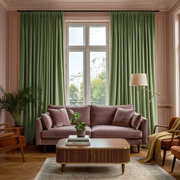 Sage Green Velvet Pinch Pleat Blackout Curtains in a Living Room with Powder Pink Walls
