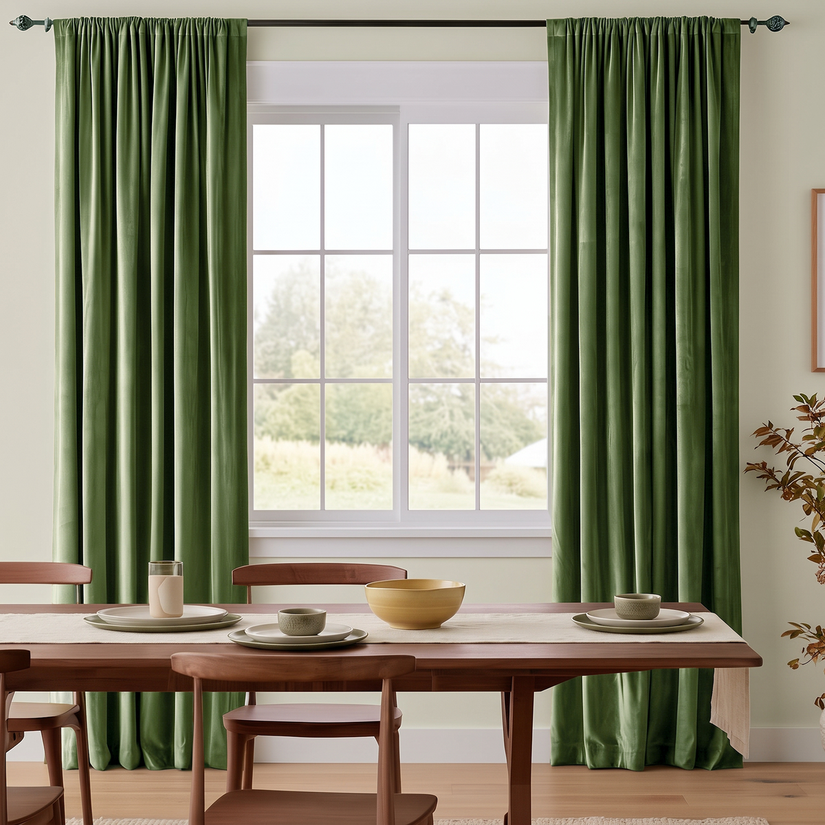 A pair of dark green curtain panels hanging on a black rod over a tall window in a dining room setting with a wooden table and chairs.