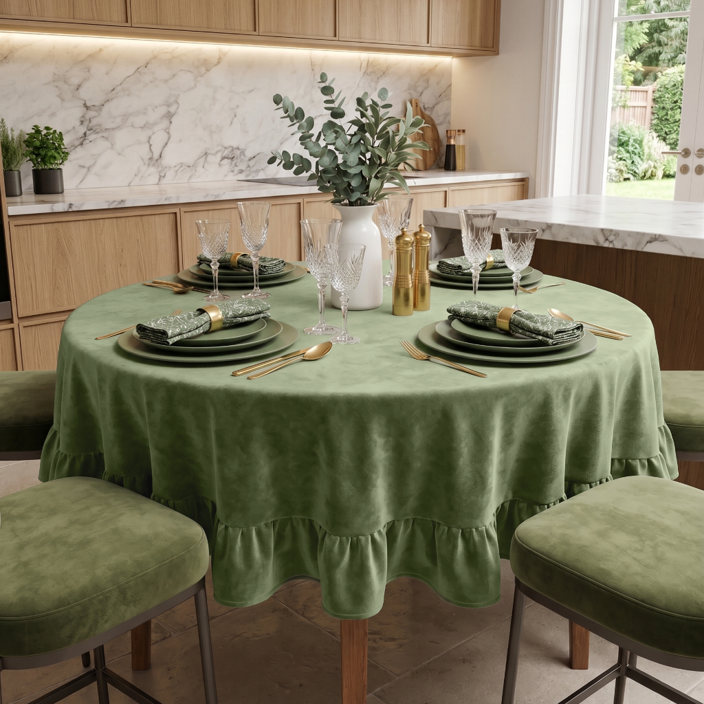 Sage Green Velvet Round Ruffle Tablecloth in a Classic Kitchen with Marble Backsplash and Light Wood