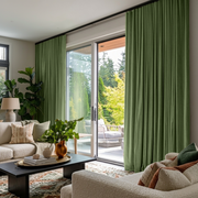 Sage Green Velvet S-Fold Blackout Curtains for Sliding Doors in a Living Room with Light Grey Walls