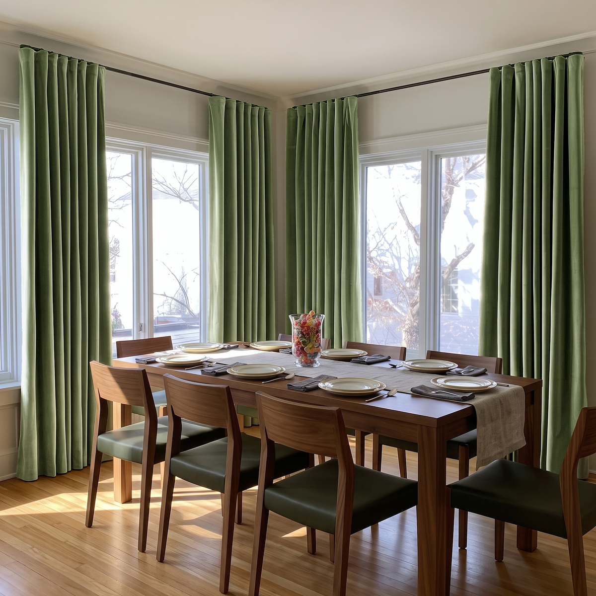 A dining room corner with tall sage green curtains hanging on black rods around large windows, with a wooden dining table and chairs set for a meal in the foreground.