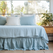 Sky Blue Linen Bed Skirt Valance with Gathered Ruffles