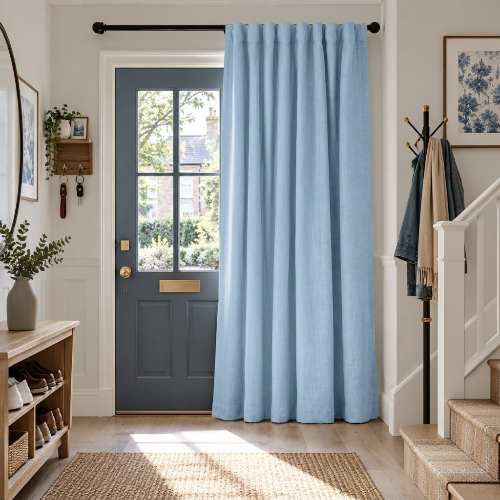 Thermal Door Curtains in a Hallway with White Walls and a Grey Front Door