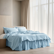 Sky Blue Linen Bed Skirt Valance with Gathered Ruffles