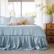 Sky Blue Linen Bed Skirt Valance with Gathered Ruffles