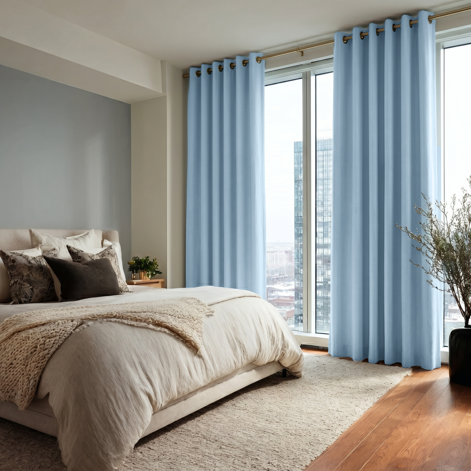 Sky Blue Linen Eyelet Bedroom Curtains in a Calm Minimal Bedroom with Soft Grey Blue Walls and Charcoal Accents - Blackout Lining