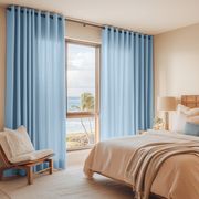 Sky Blue Linen Eyelet Bedroom Curtains in a Soft Neutral Bedroom with Warm Beige Walls and Ivory Accents - Cotton Lining