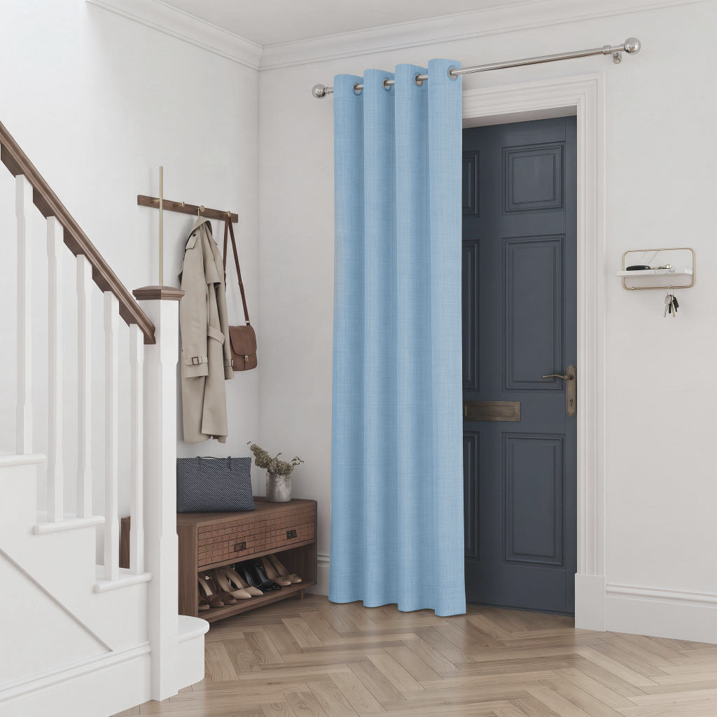 Thermal Door Curtains in a Hallway with White Walls and a Dark Blue Door